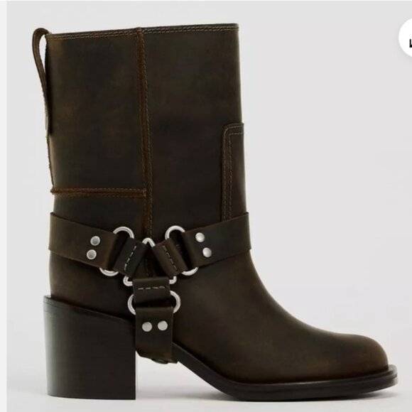 ZARA New Wide Heeled Buckle Biker Boots Leather Suede 7.5 - Picture 8 of 9